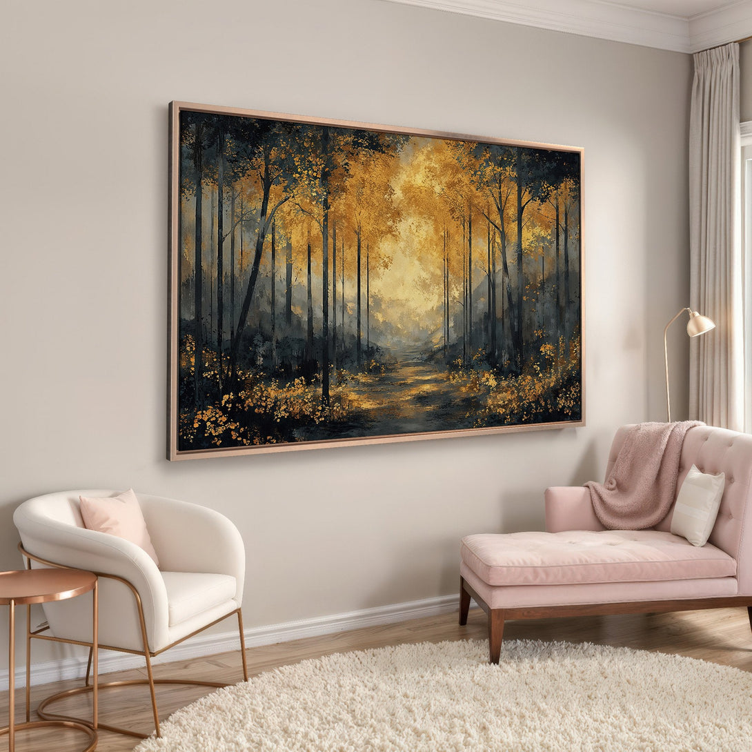 Framed Wall Art: Forest scene with gold and dark teal hues. Abstract landscape Canvas Print adds warmth and style to any room.