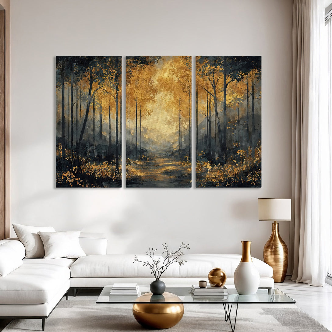 Canvas Print of a serene forest scene with gold and dark blue hues, perfect for modern home decor.