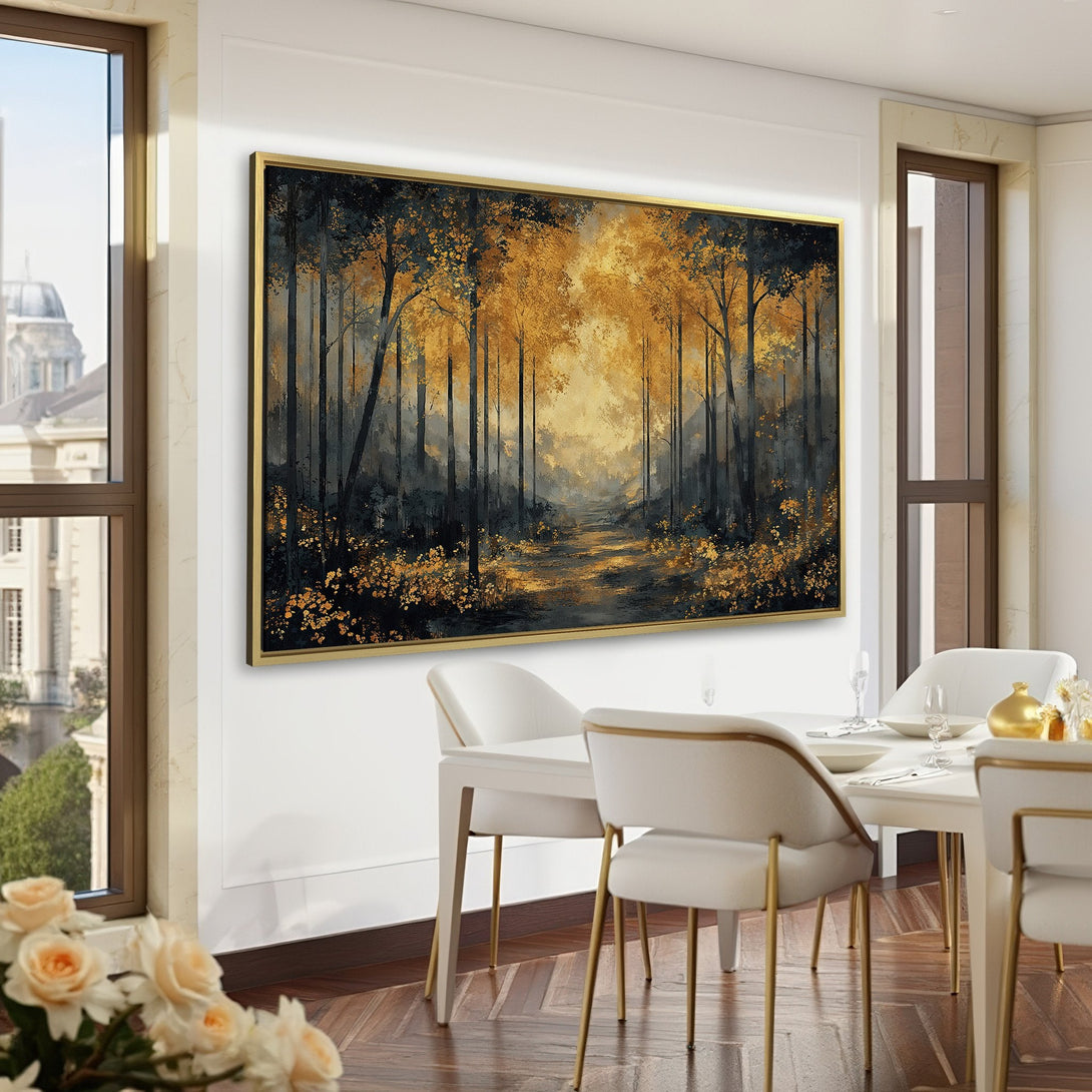 Canvas Print of a forest scene with gold and black tones, displayed in a sophisticated interior. Enhance your space with this stunning wall art.