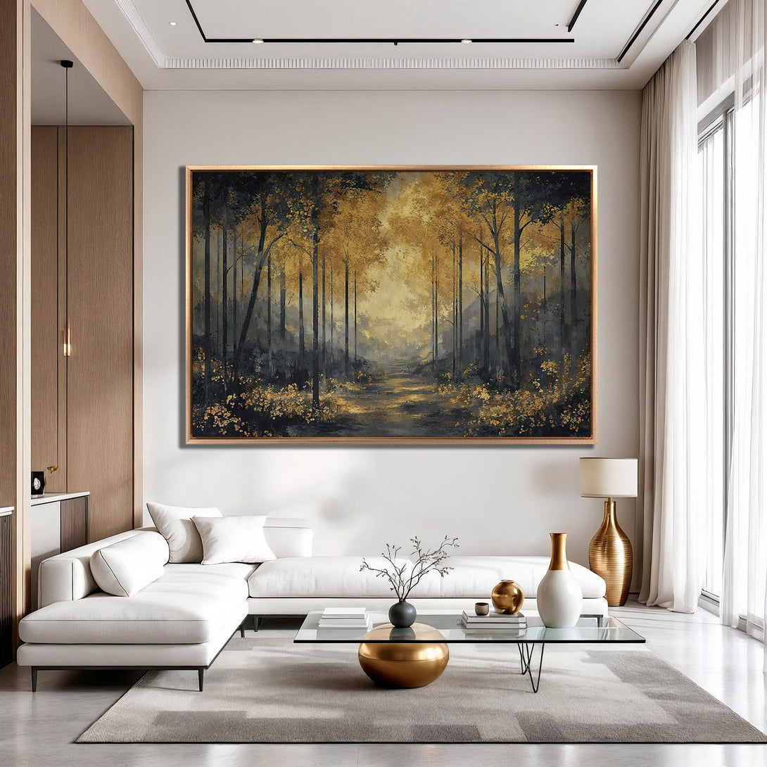Framed Wall Art: Enchanting forest scene in gold and dark gray. Modern art for a sophisticated living room. Add a touch of elegance to your home!