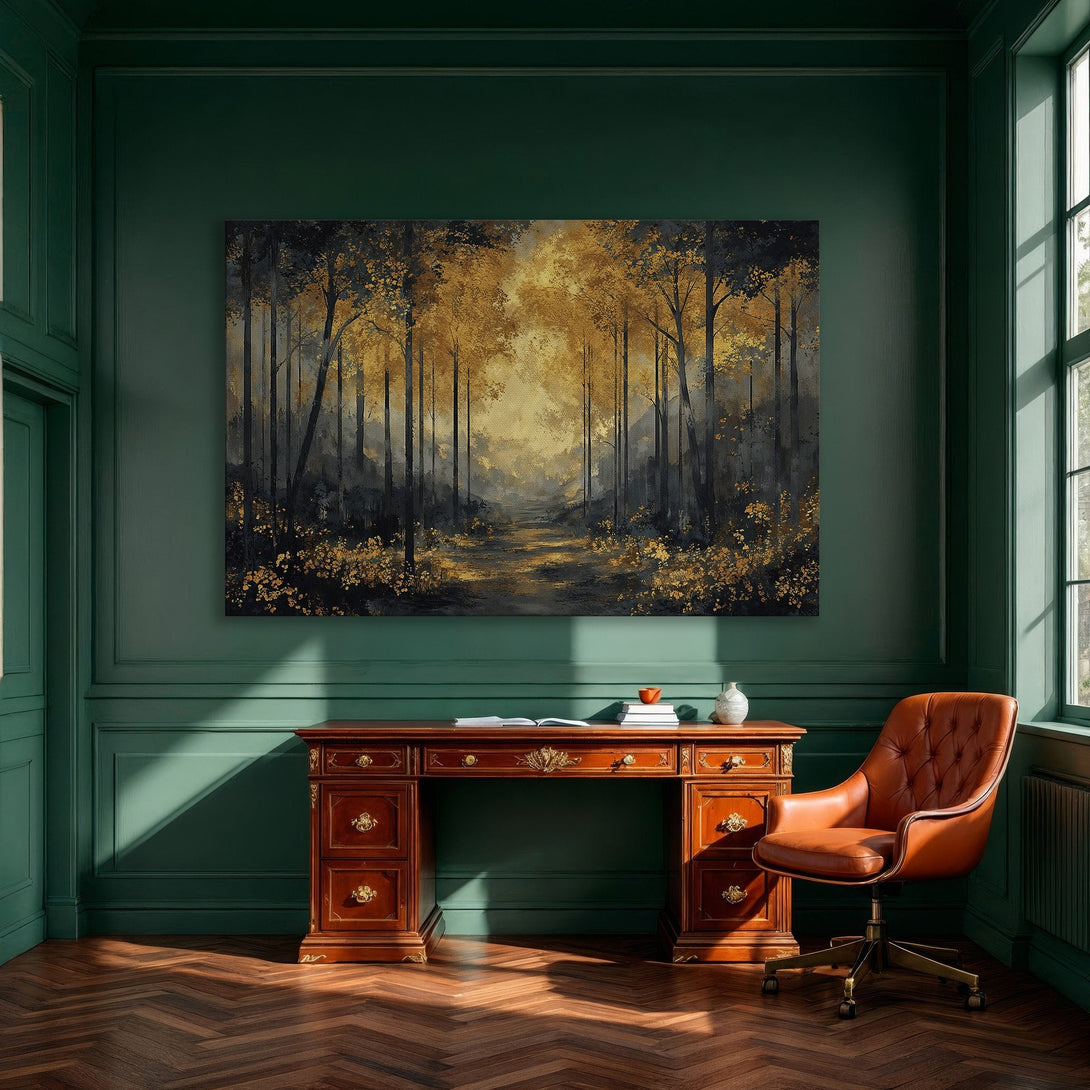 Framed Wall Art: Forest scene Canvas Print with gold and black tones. Modern art for dining room decor. Enhance your space with this stunning artwork.