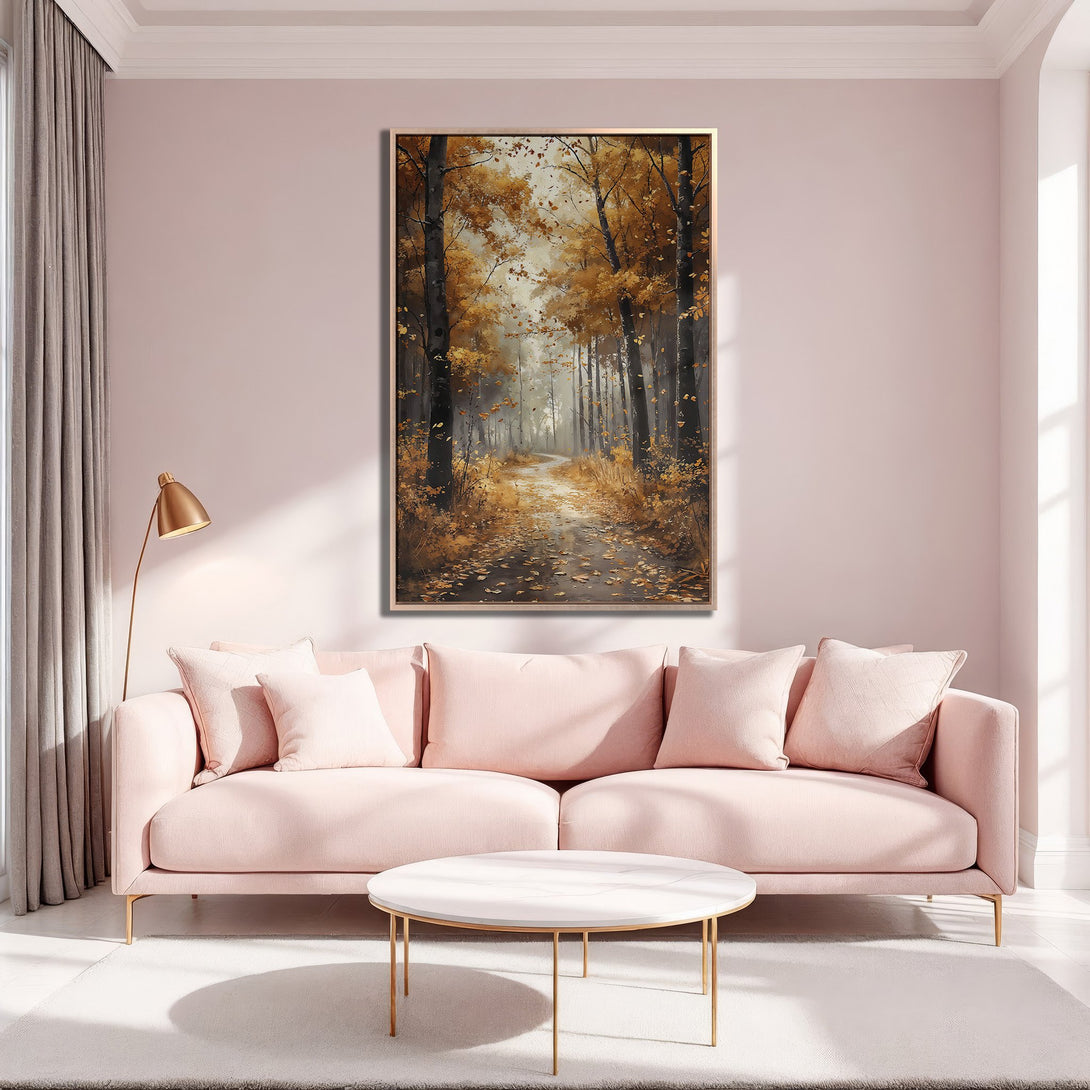 Framed Wall Art: Autumn forest scene in warm gold and brown tones, displayed in a stylish pink interior. Perfect for adding a touch of nature.