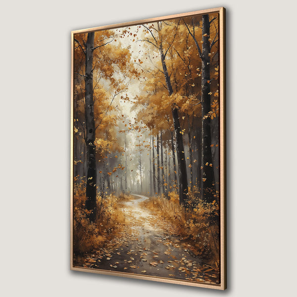 Framed Wall Art of an autumn forest path. Warm, inviting watercolor style with golden, brown, and black tones. Perfect for cozy home decor.