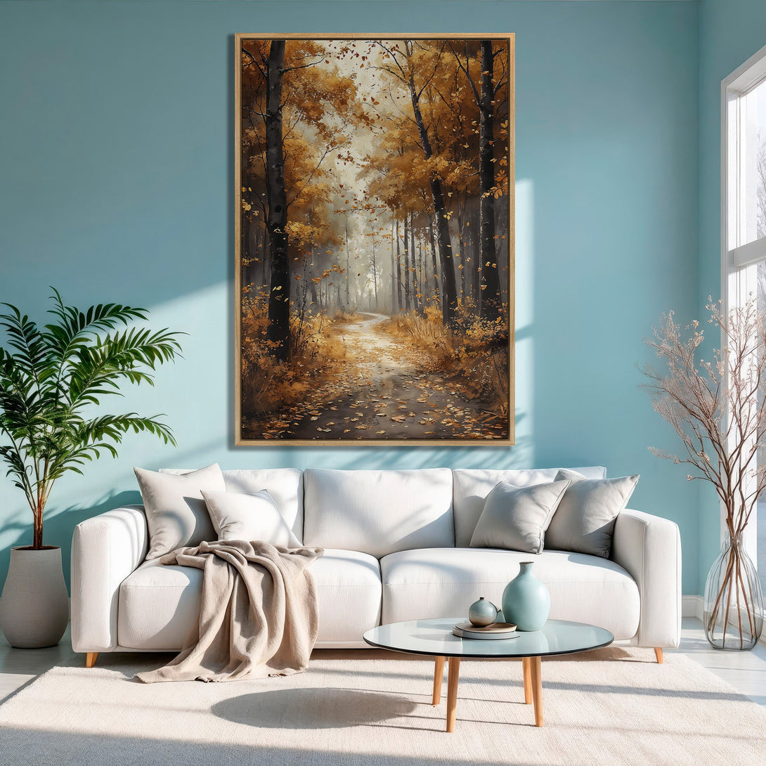 Framed Wall Art: Autumn forest scene in warm gold and brown tones. Perfect for adding a cozy, nature-inspired touch to your living space.