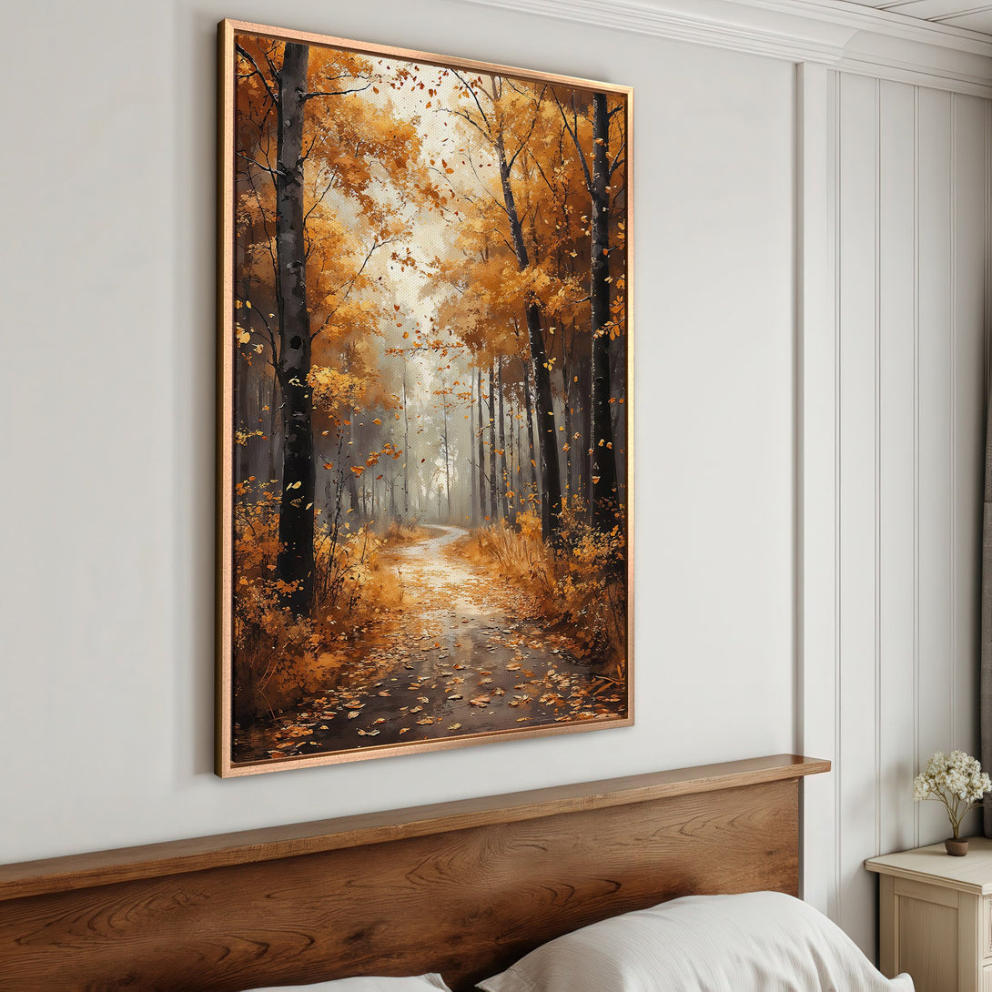 Framed Wall Art: Autumn forest scene in warm orange tones. Landscape Canvas Print adds a touch of nature & cozy style to any room. Shop now!