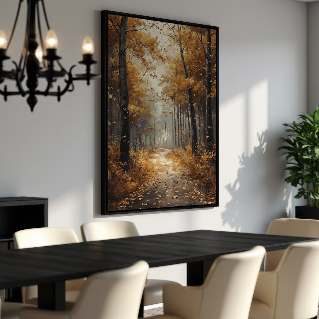 Framed Wall Art: Autumn forest path canvas print in warm gold and brown tones. Enhance your home decor with this stunning landscape art.