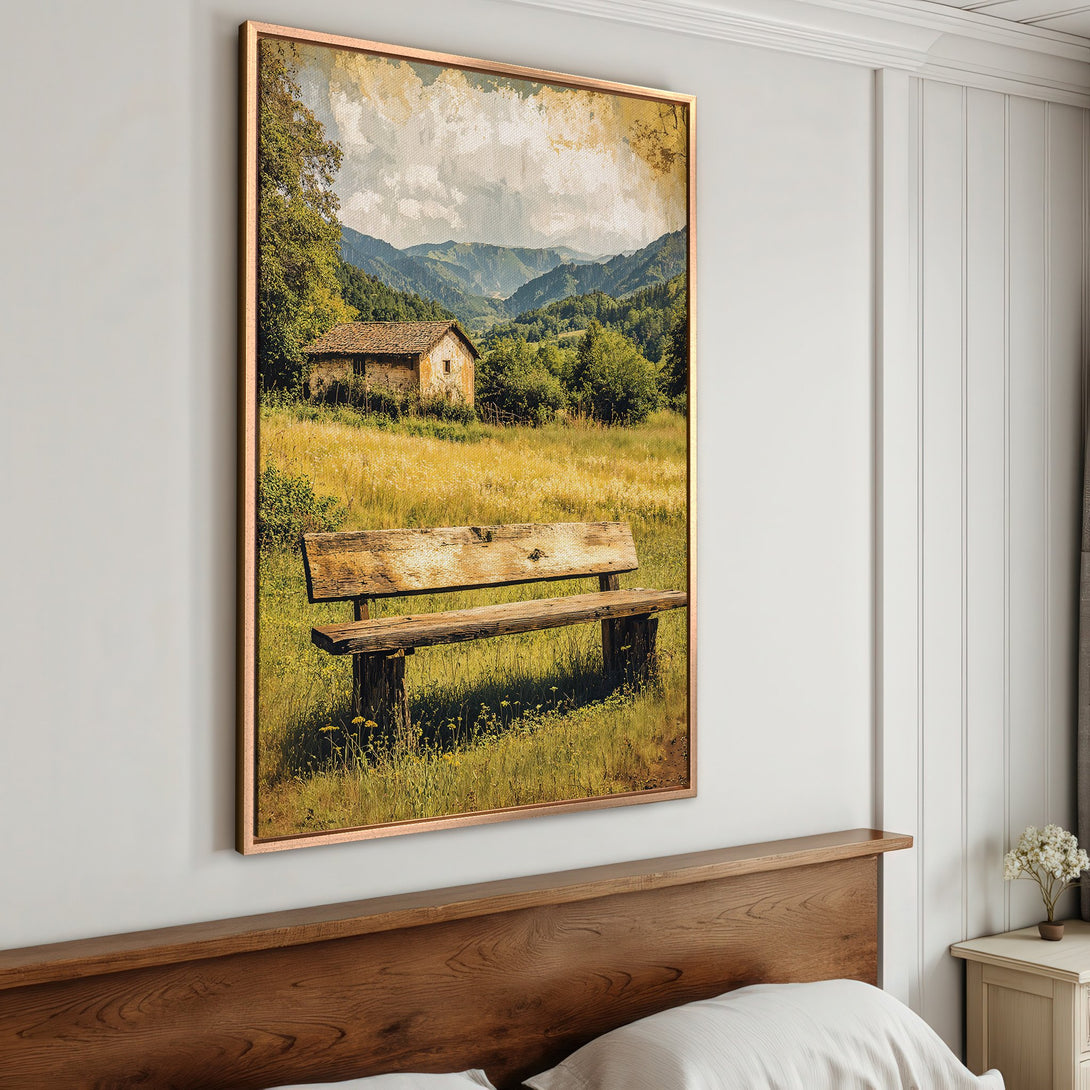 Framed Wall Art: Rustic landscape print with a bench in a field, featuring a warm, earthy color palette. Perfect for adding a touch of nature to your home decor.