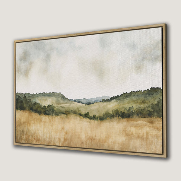 Canvas Print of a watercolor landscape painting in muted green and beige tones, perfect for adding a touch of nature to your home.