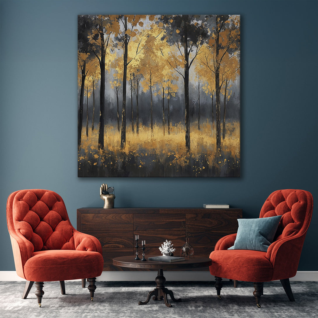 Framed Wall Art: Abstract forest scene in gold, black, and gray. Modern canvas print adds a touch of elegance to any interior. Shop now!