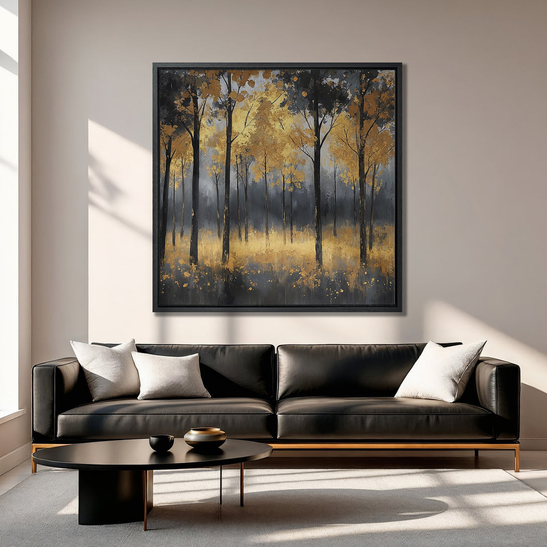 Framed Wall Art: Abstract forest scene in gold and gray tones. Modern art canvas print for living room decor. Enhance your home with this stylish piece!