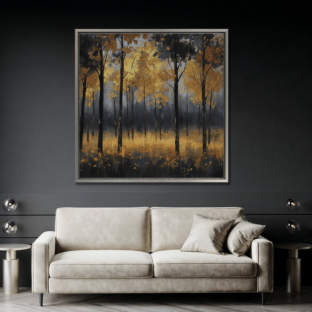 Framed Wall Art: Abstract forest painting with gold and black tones. Modern art canvas print perfect for living room decor.