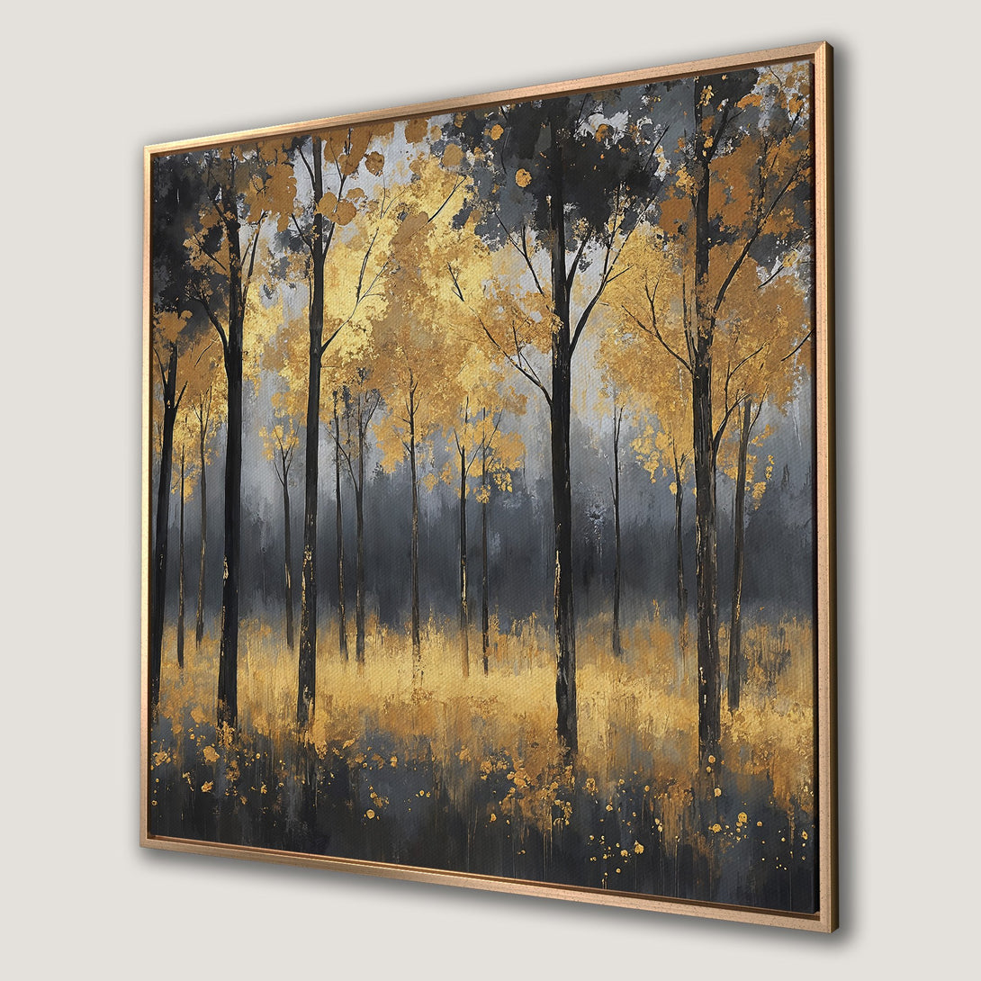 Framed Wall Art of a forest scene in gold and gray tones. Abstract painting style, perfect for adding a touch of elegance to your space.