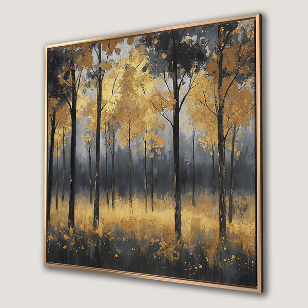 Framed Wall Art of a forest scene in gold and gray tones. Abstract painting style, perfect for adding a touch of elegance to your space.