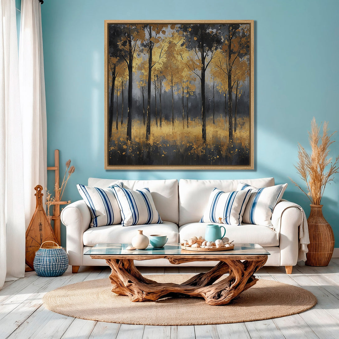 Framed Wall Art: Abstract forest scene in gold, black, and grey. Modern art canvas print adds a touch of elegance to any living room.