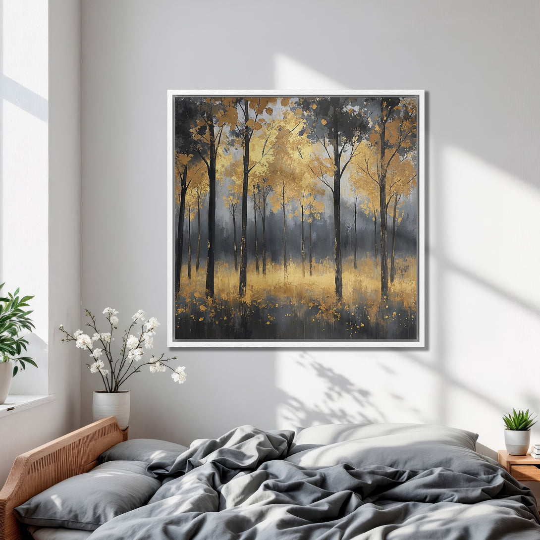 Framed Wall Art: Abstract forest painting in gold and gray tones. Perfect for bedroom decor, this canvas print adds a touch of elegance and nature to your space.
