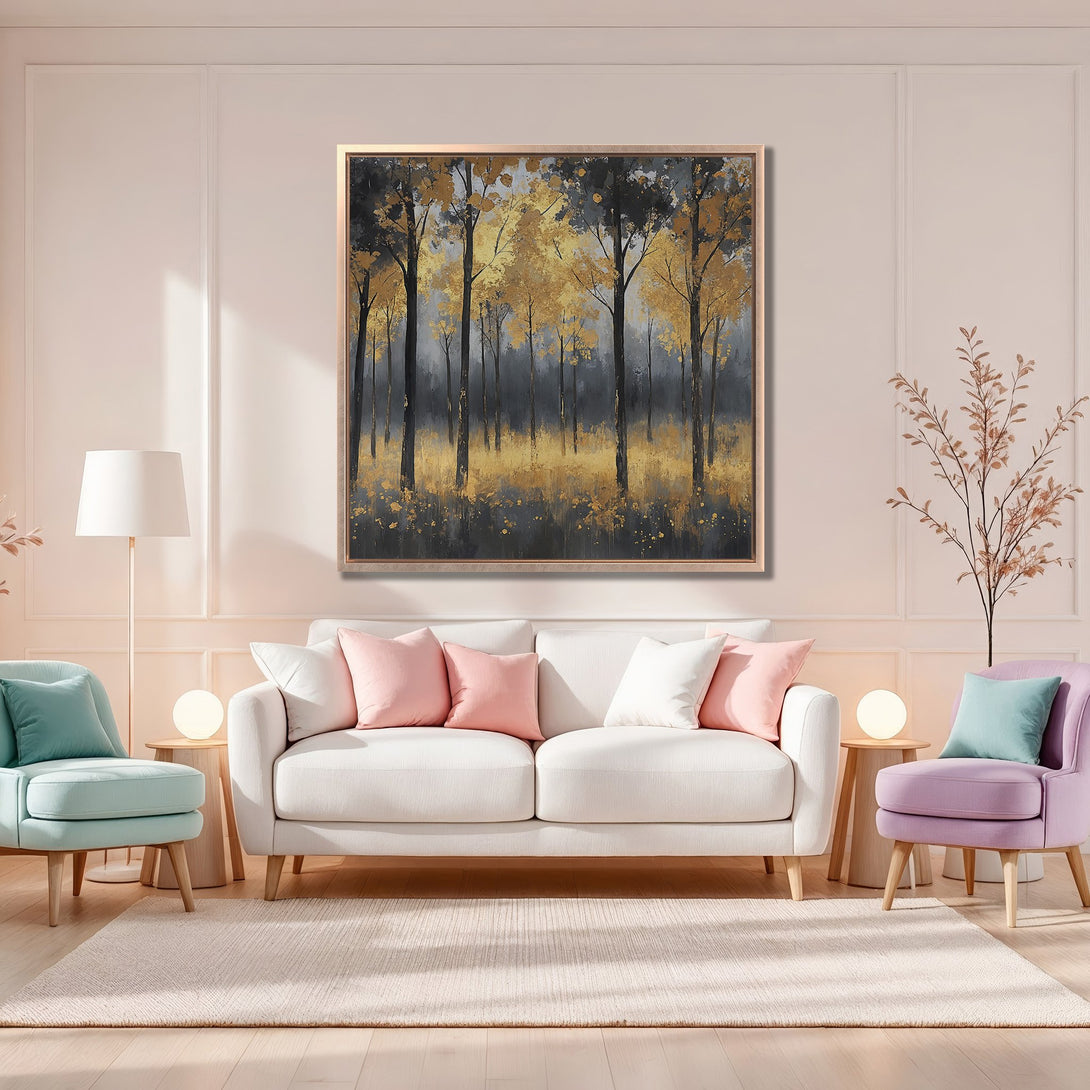 Framed Wall Art: Abstract forest painting in gold, gray, and black. Modern canvas print adds a touch of elegance to any living room.