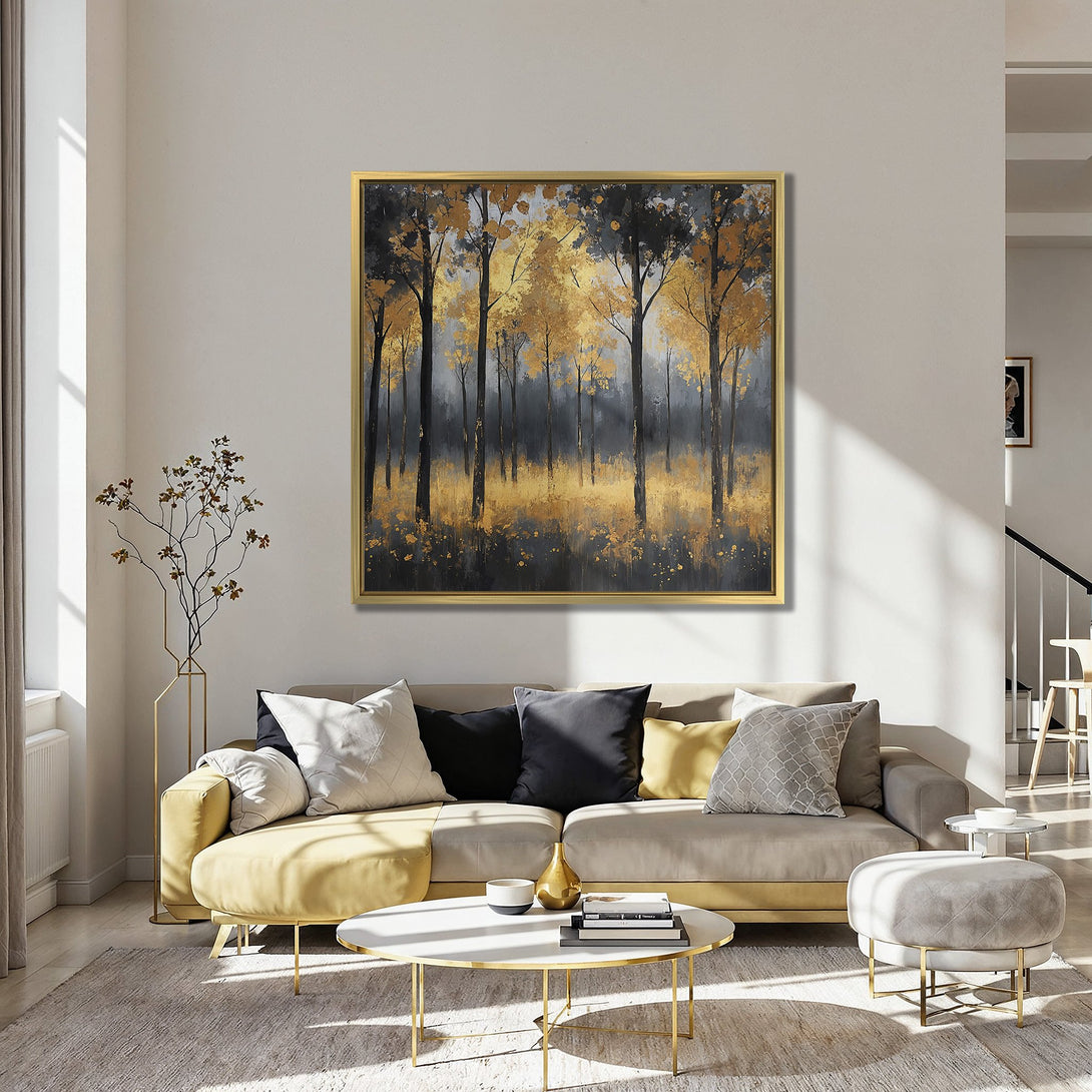 Abstract forest Canvas Print with gold and black accents. Adds elegance to any space. Shop modern wall art today!