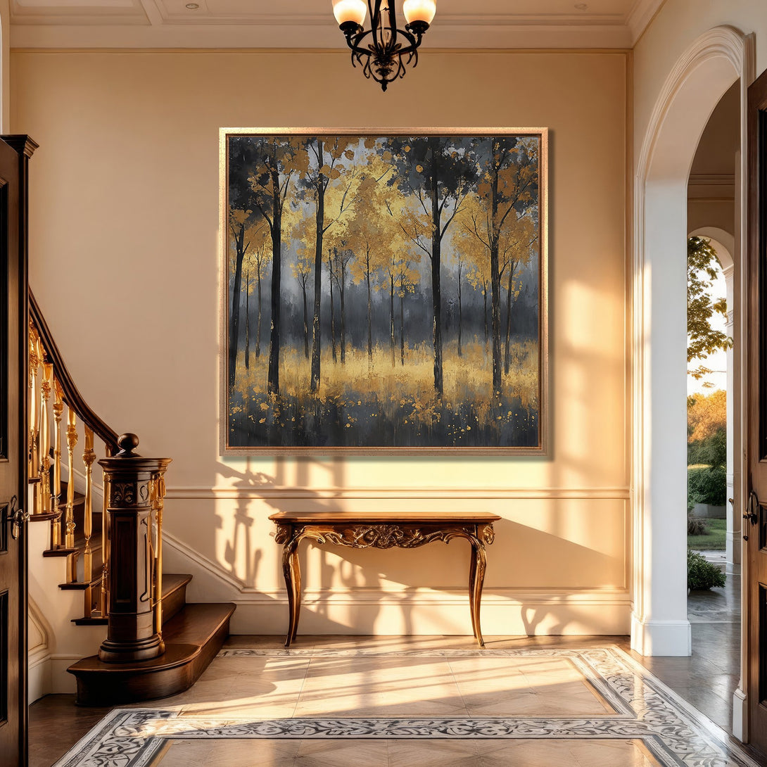Framed Wall Art featuring a forest scene in gold, black, and gray tones. Enhance your home decor with this elegant canvas print!