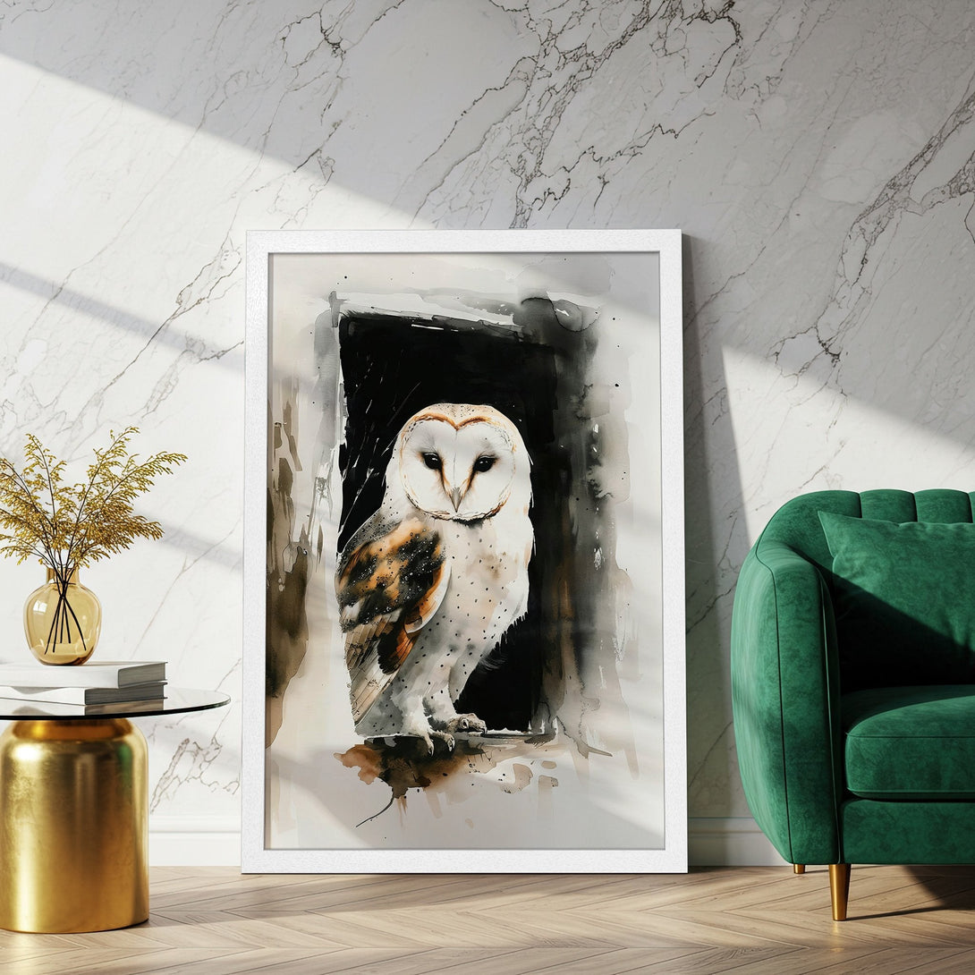 Framed Poster featuring a watercolor owl. Neutral color palette with pops of black and brown. Perfect art for your home.