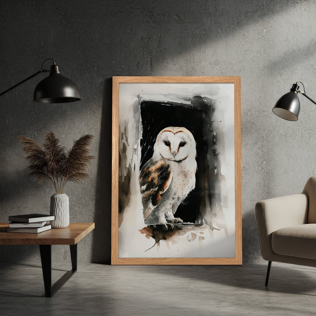 Framed Poster featuring a watercolor owl. Neutral palette with black, white, and brown tones. Perfect wall art for any room.