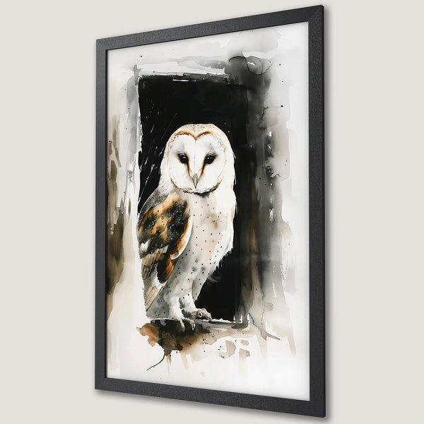 Framed Poster featuring a watercolor owl in black, white, and brown tones. Perfect wall art for a modern home.