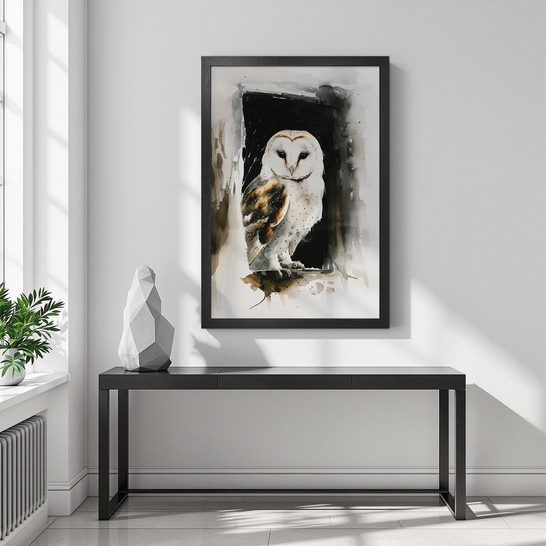 Framed Poster featuring a watercolor owl in a black and white palette. Modern art print for home decor.