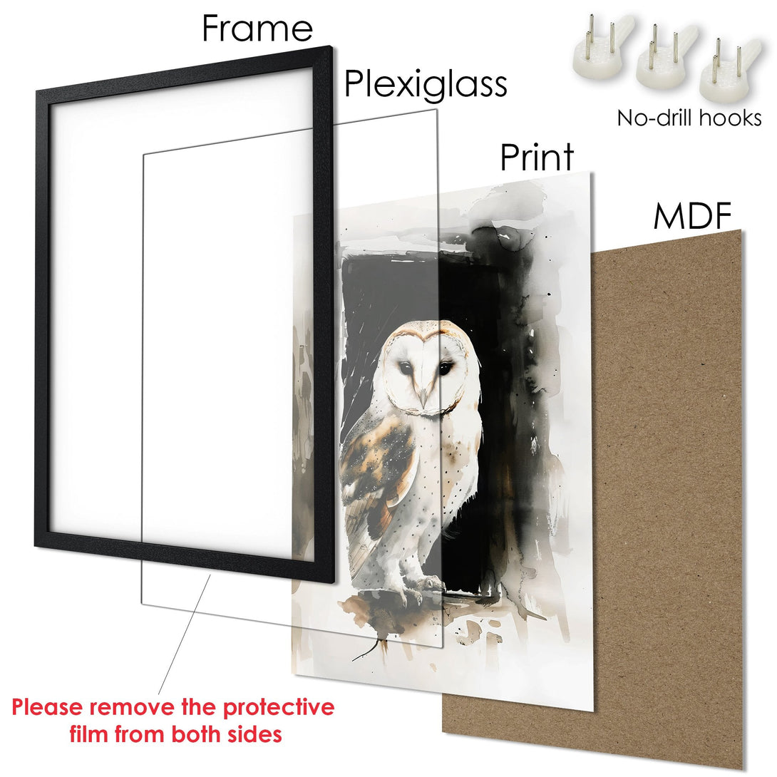Framed Poster featuring a watercolor owl in a black and white palette. Perfect wall art for your home!