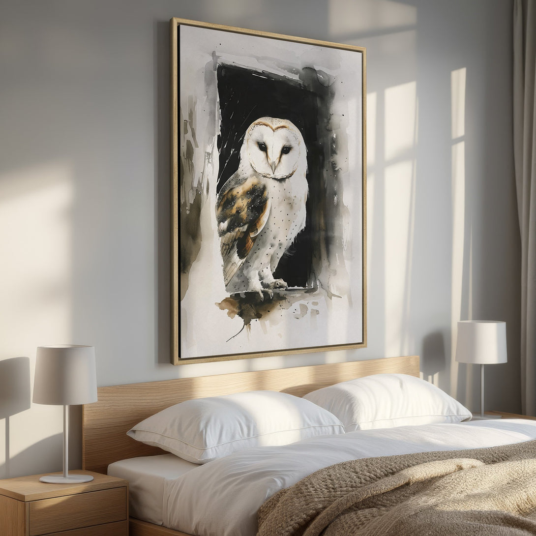 Framed Wall Art featuring a watercolor owl in a bedroom. Neutral color palette with black, white, and brown tones. Perfect for modern home decor.