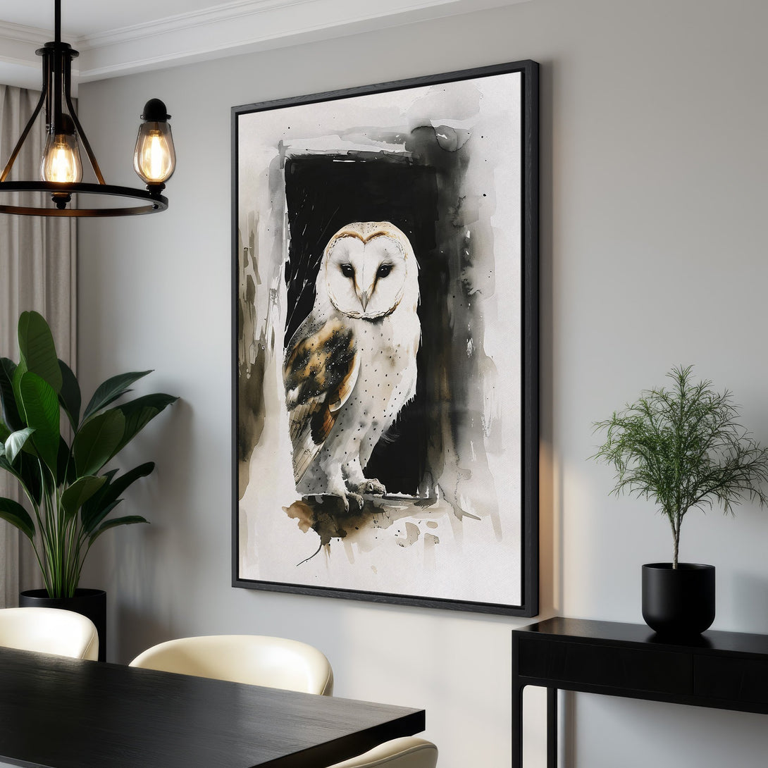 Framed Wall Art: Watercolor owl print in neutral tones. Add a touch of nature and elegance to your home decor with this stunning canvas print.