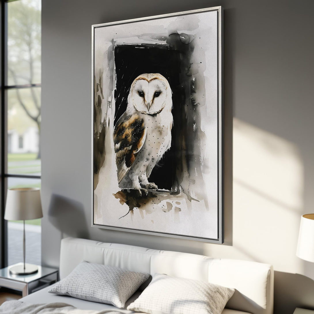 Framed Wall Art: Watercolor owl print in neutral tones. Modern home decor featuring a barn owl in a grayscale and sepia color palette. Perfect for bedroom or living room.
