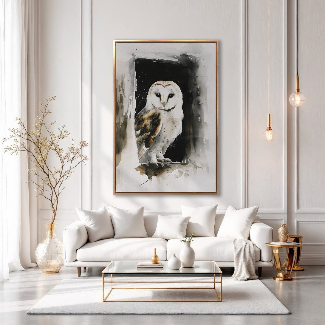 Framed Wall Art: Watercolor owl print in a modern living room. Neutral color palette with gold accents. Elevate your space with this elegant canvas print.