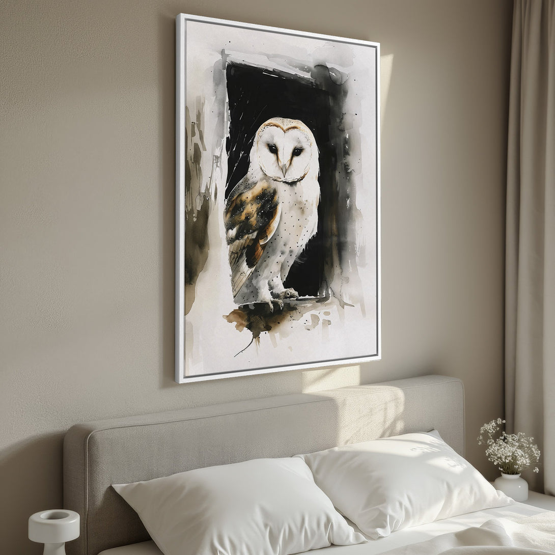 Framed Wall Art: Watercolor owl print in neutral tones. Add a touch of nature and elegance to your bedroom decor with this beautiful canvas print.