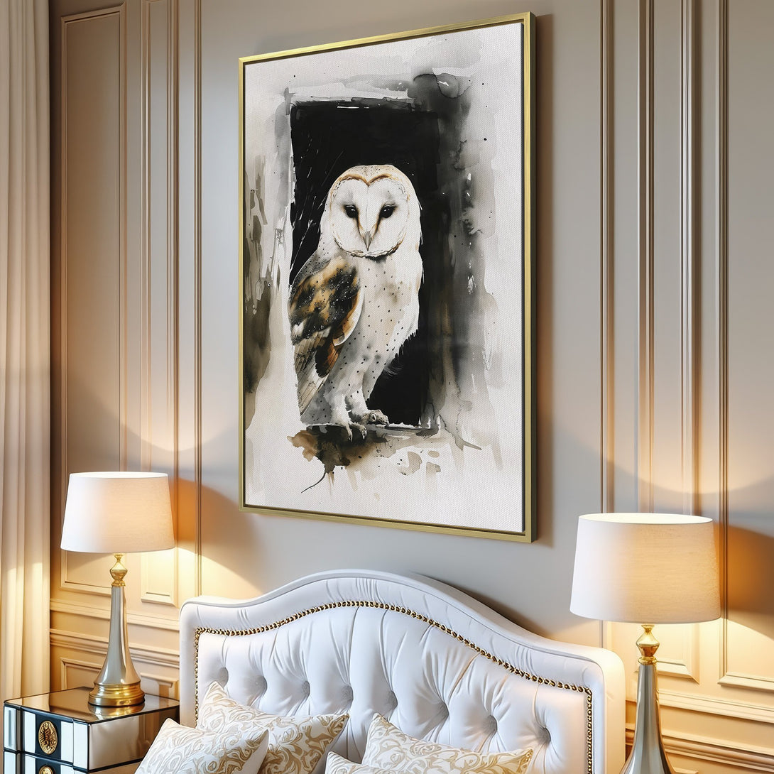Canvas Print of a watercolor owl in a neutral color palette, perfect for modern home decor.