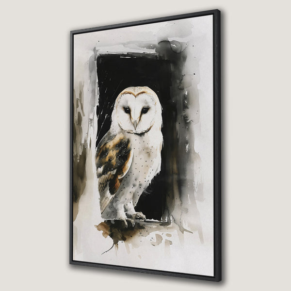 Framed Wall Art: Watercolor barn owl print in neutral tones. Add a touch of nature and elegance to your home with this stunning canvas art.