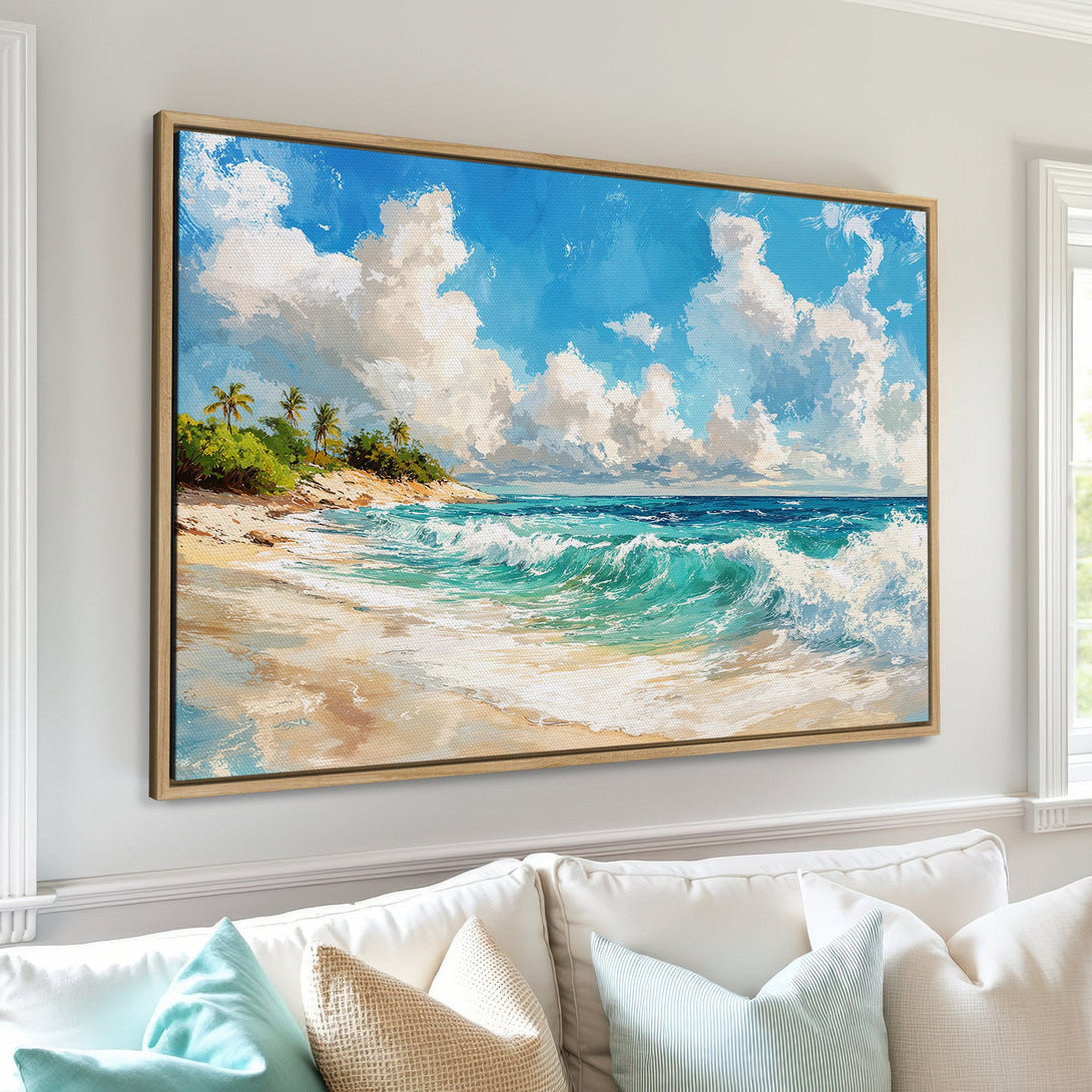 Framed Wall Art Canvas Print of a vibrant beach scene with blue sky, turquoise waves, and sandy shore. Coastal art in a modern style.
