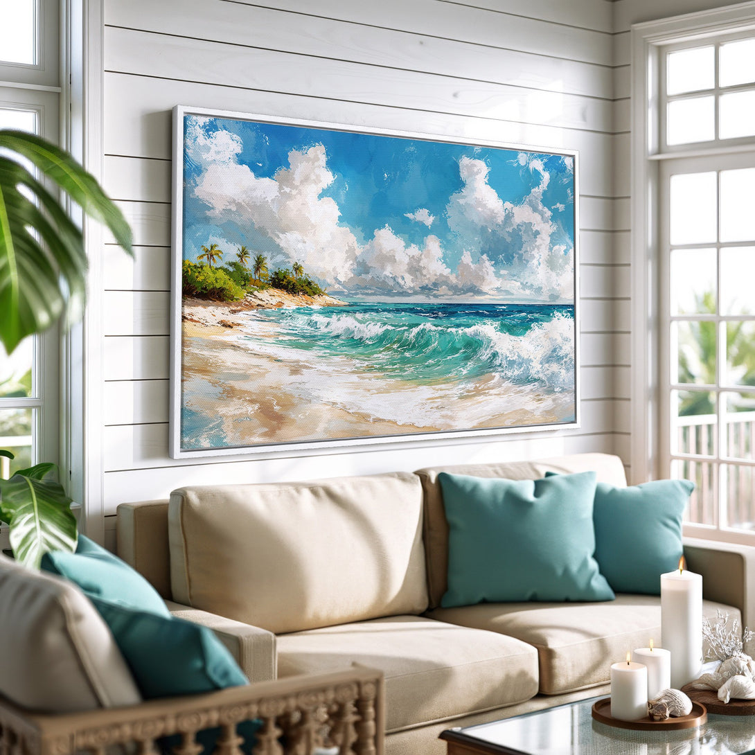 Framed Wall Art: Coastal beach scene canvas print with blue, teal, and beige color palette. Perfect for adding a touch of serenity to your home decor.