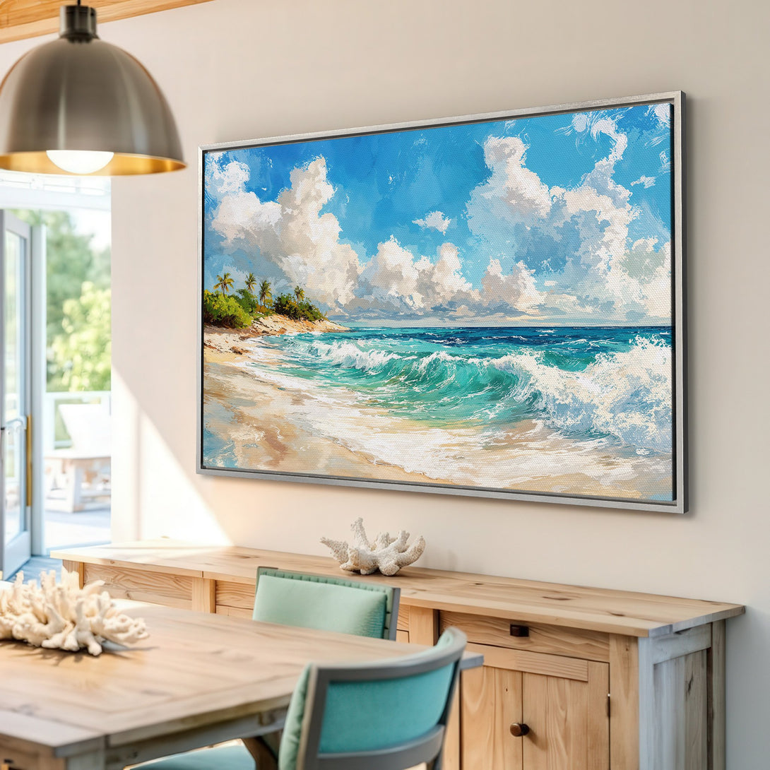Framed Wall Art: Coastal beach scene canvas print with turquoise waves, blue sky, and sandy beach. Adds a calming touch to any interior.