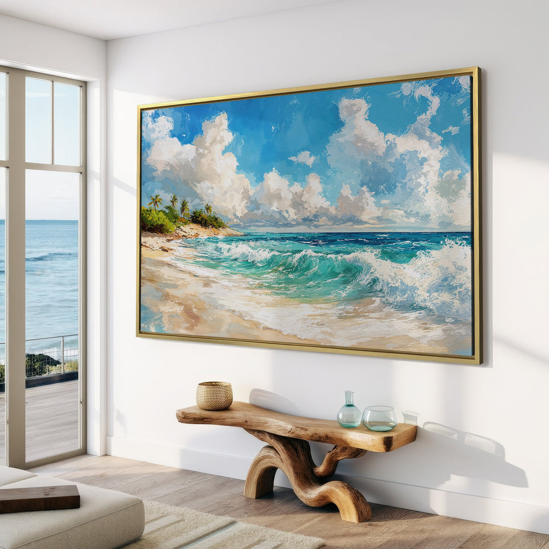 Canvas Print of a beach scene in a modern interior. Coastal art with blue, white, and beige color palette. Adds a tranquil touch to any space.
