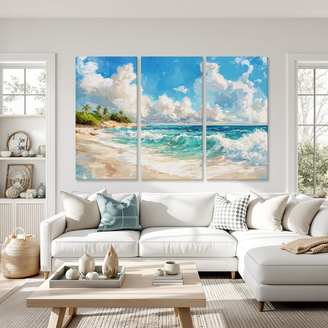 Canvas Print of a serene beach scene with blue and turquoise hues, perfect for coastal decor. Modern art style.