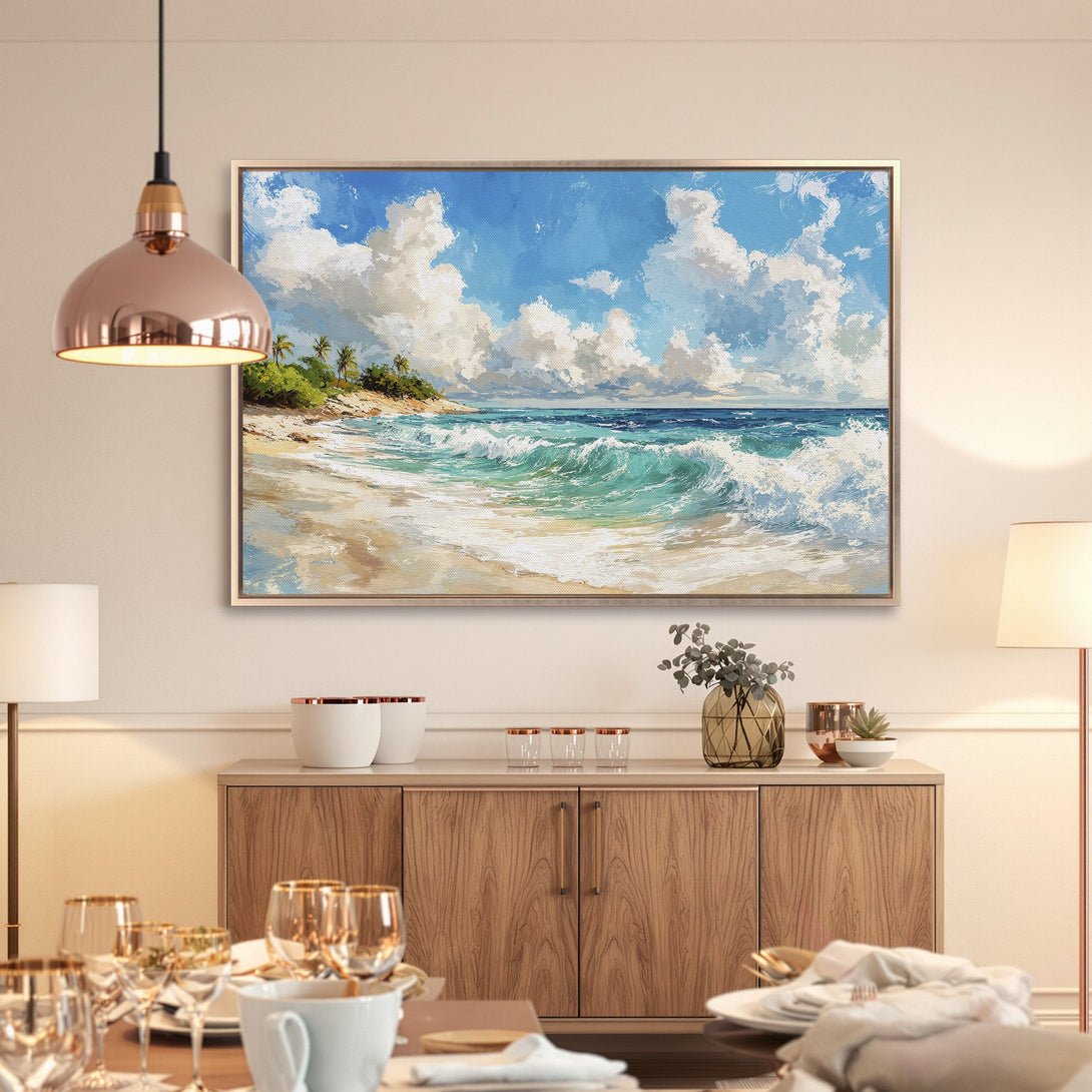 Framed Wall Art: Coastal beach scene canvas print with blue, turquoise, and beige color palette. Perfect for adding a touch of serenity to your home decor.