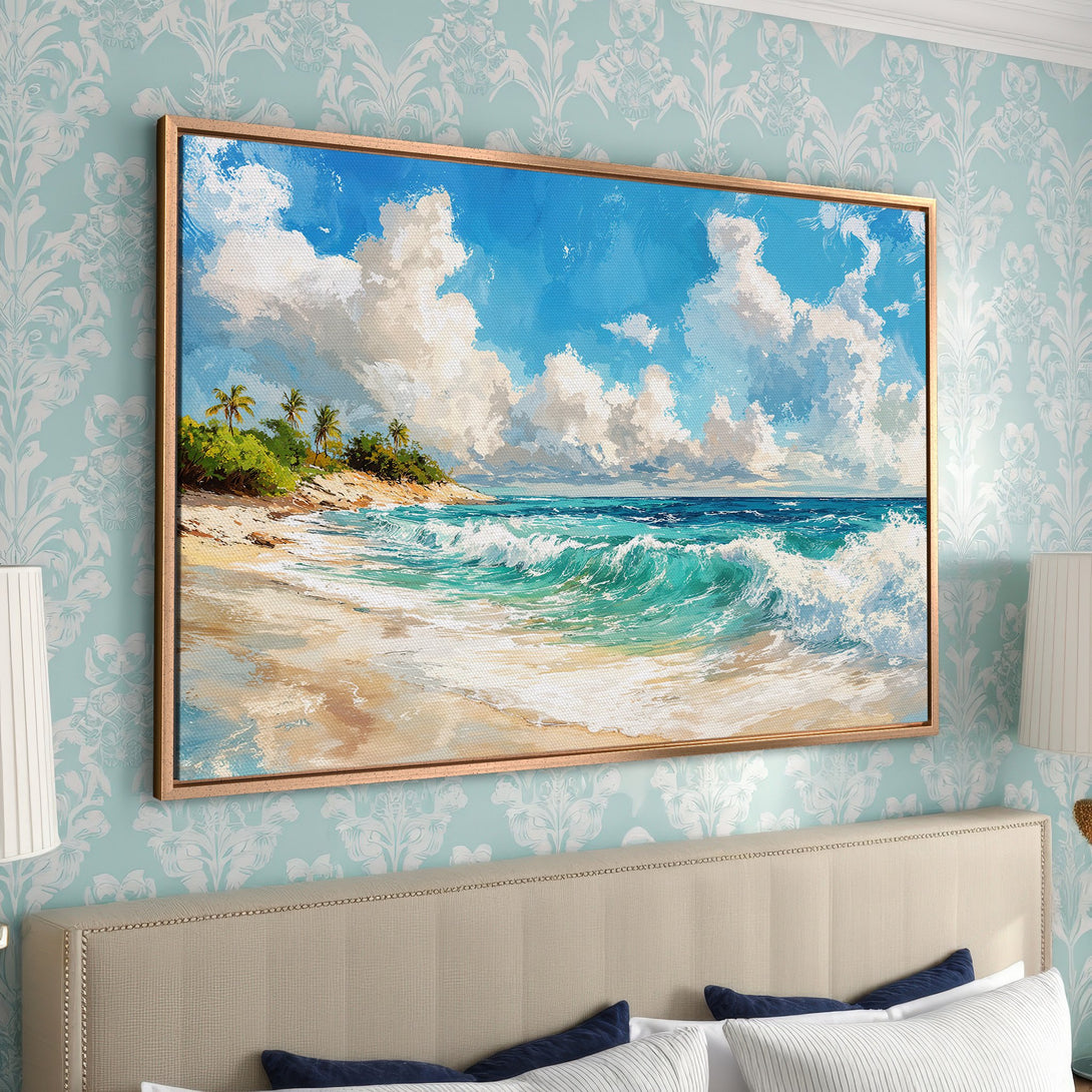 Framed Wall Art: Coastal beach scene Canvas Print with blue, turquoise, and white color palette. Perfect for adding a touch of paradise to your home decor.