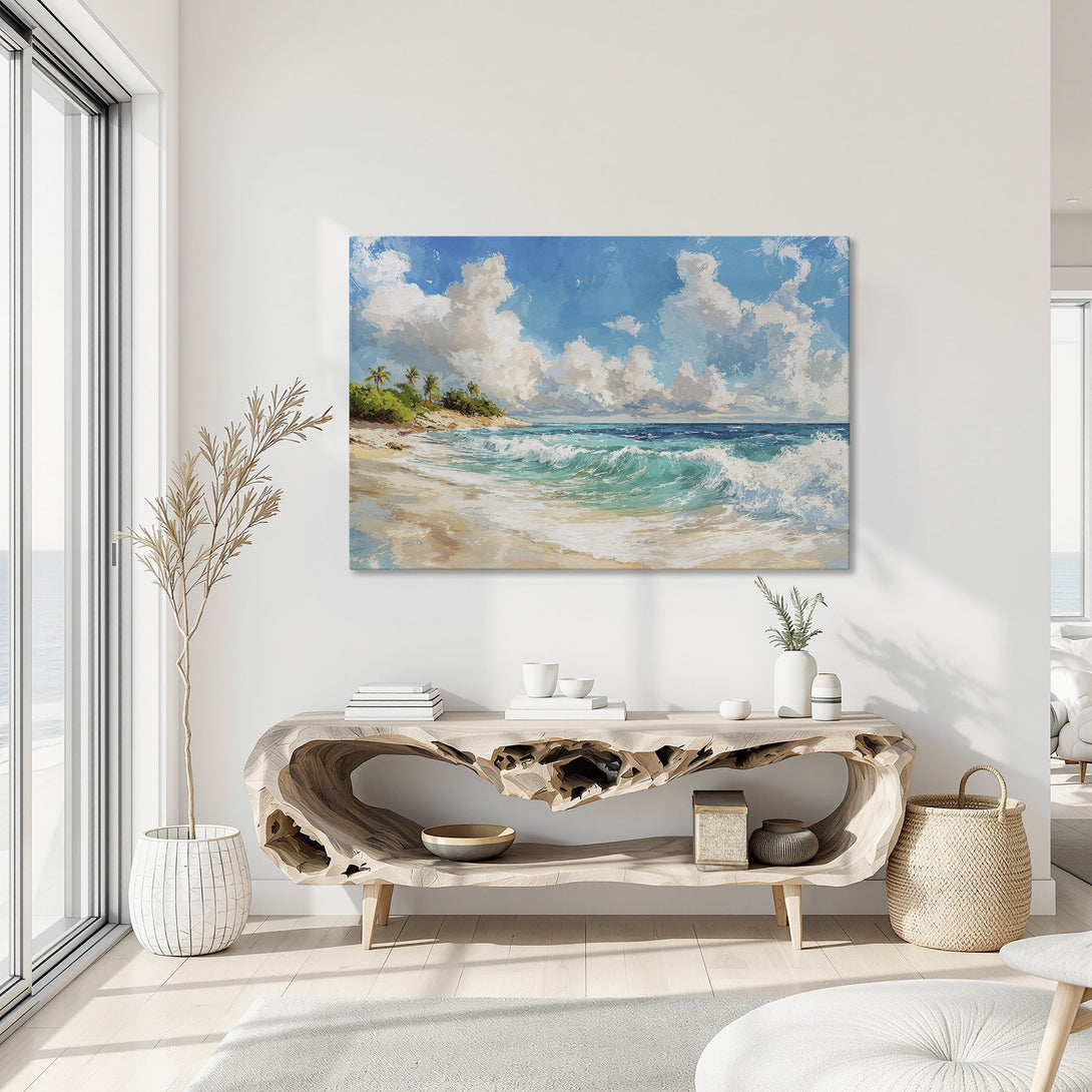 Framed Wall Art: Coastal beach scene canvas print with blue, teal, and beige tones. Perfect for adding a touch of serenity to your home decor.