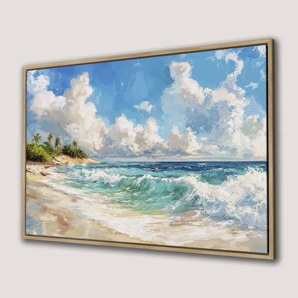 Canvas Print of a beach scene with turquoise waves and blue sky. Coastal art in a light, airy style.