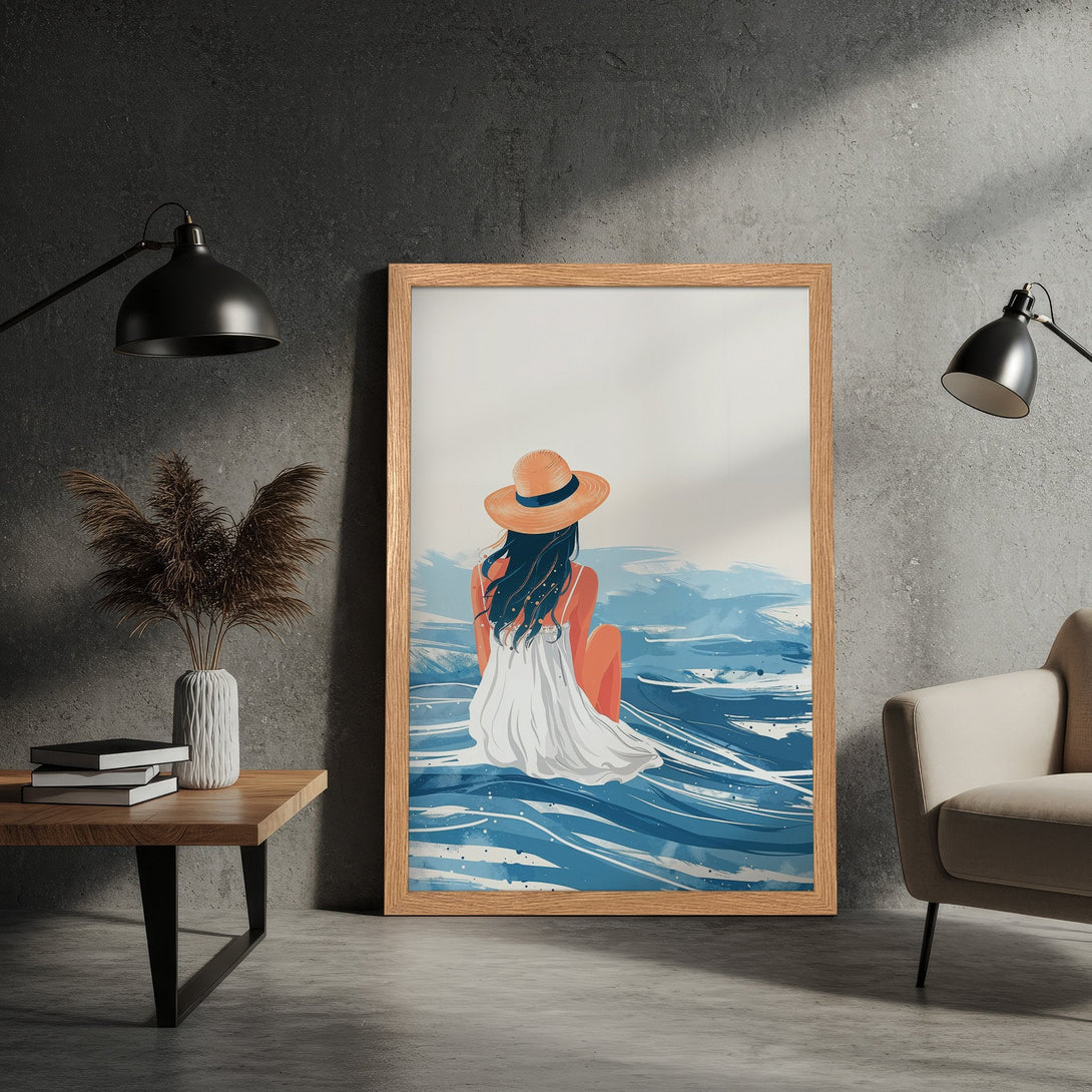 Framed Poster featuring a woman by the sea, illustration style, with blue, white, and orange tones. Perfect wall art for your home!