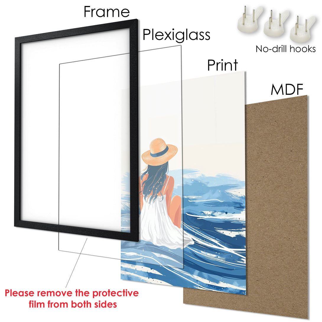 Framed Poster: Woman on the beach art print. Coastal style, blue and neutral color palette. Perfect wall decor.