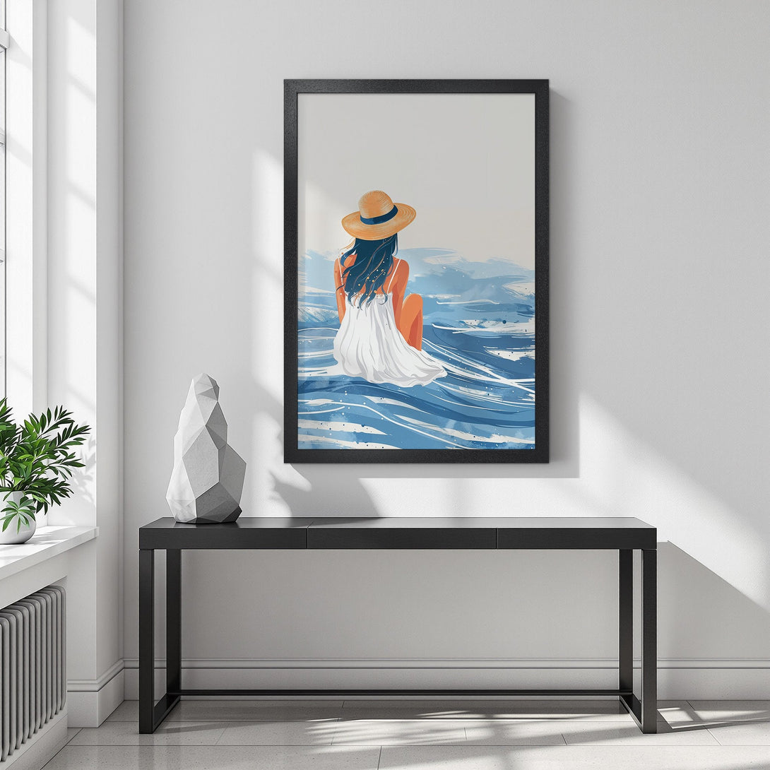 Framed Poster featuring a woman by the sea, artistic style, blue & neutral color palette. Perfect wall art for your home!