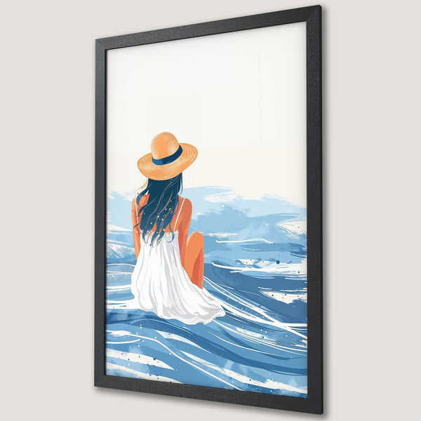 Framed Poster featuring a woman in a hat, watercolor style, blue and white palette, perfect for coastal decor.