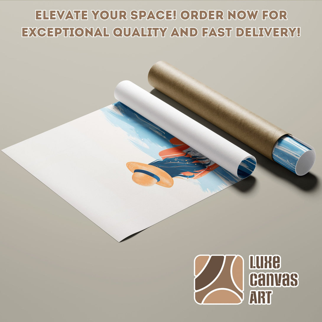 Poster Roll featuring a vibrant abstract art print in blue, orange, and white. Elevate your space!