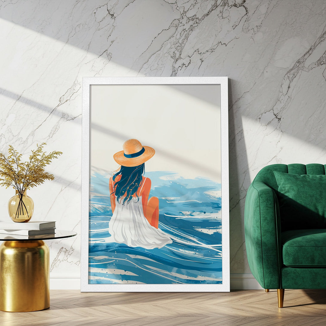 Framed Poster featuring a woman by the sea in a minimalist style, blue and white color palette. Perfect wall art!