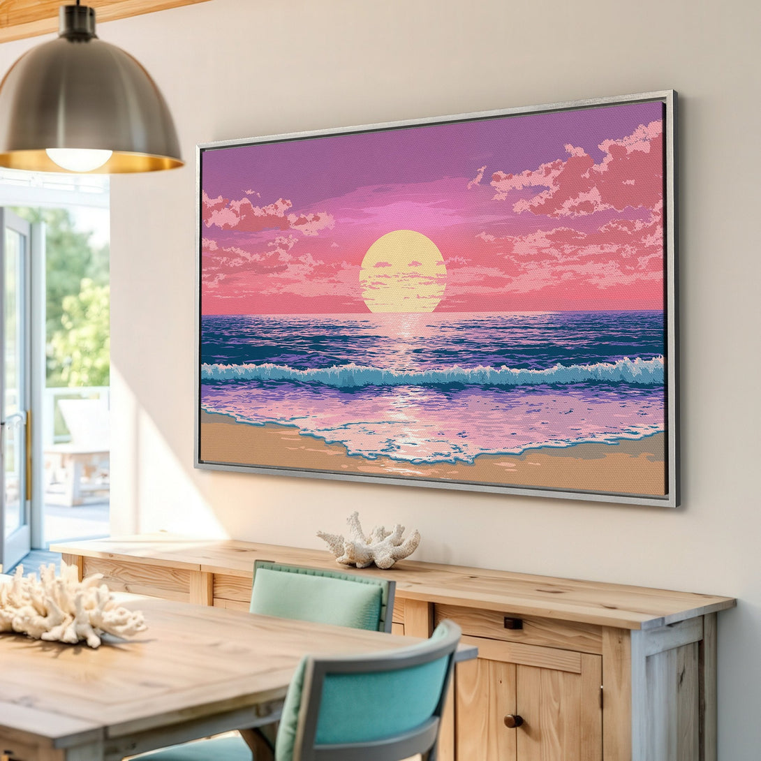 Framed Wall Art: Pixelated beach sunset in pinks, purples, and blues. Add coastal vibes to your home with this stunning Canvas Print!